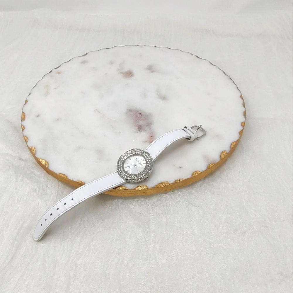 WORKS WHBM women's white leather watch with crystal studded silver watch face